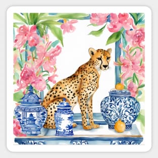 Preppy cheetah and chinoiserie jars watercolor Sticker